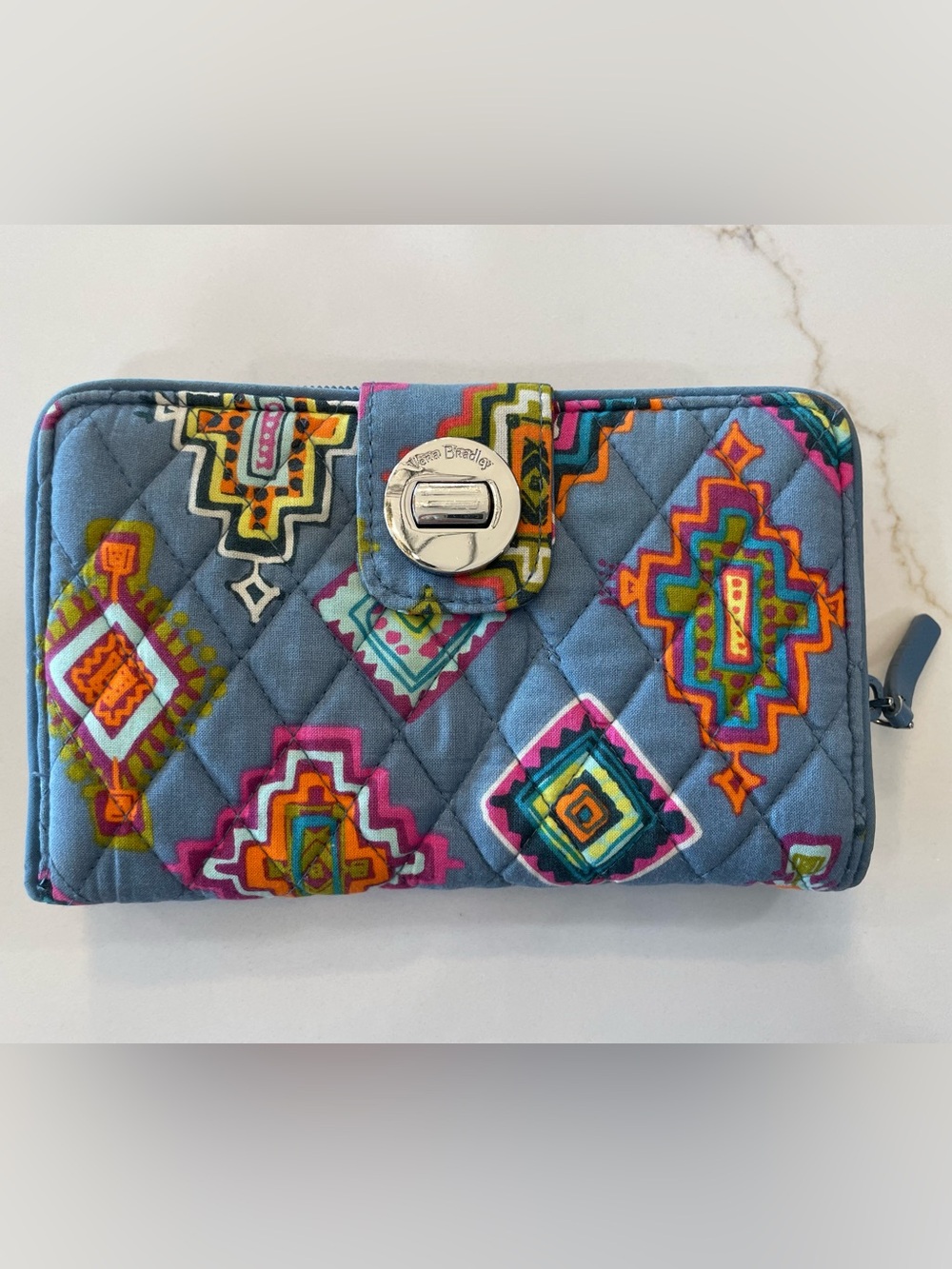 Vera Bradley Blue Quilted Wallet with Multicolor Geometric Print